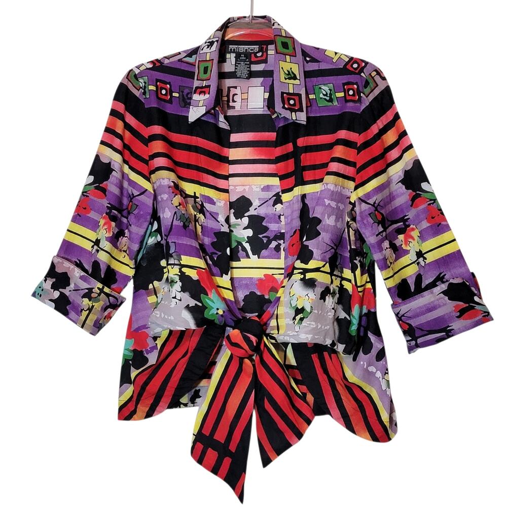 Mishca Abstract Print Tie Front Cotton Top 3/4 Sleeve Relaxed Fit Multicolor M
